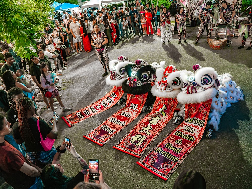 Lion dance performers with crowd at Lunar New Year festival, Aurora