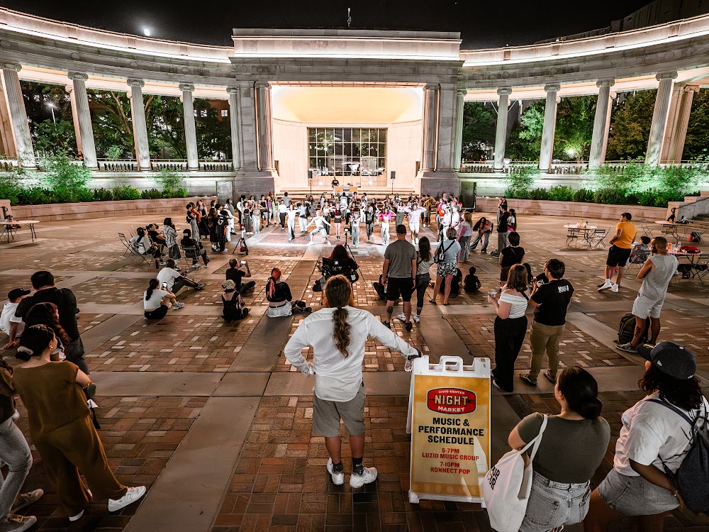 Crowd gathered at the Greek Amphitheater for Civic Center Night Market, Denver