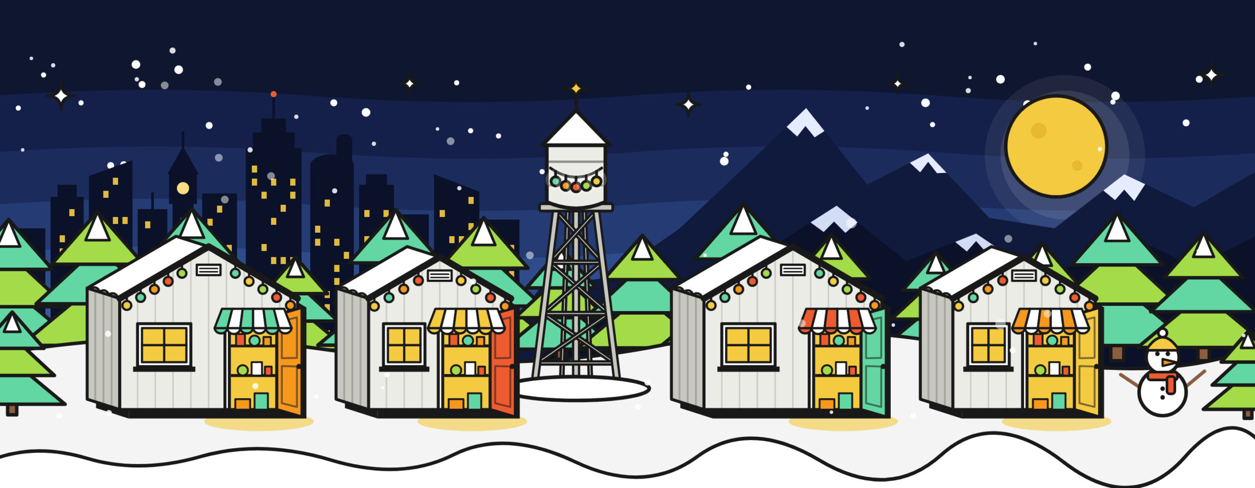 Illustration of four lit, walk-in shops and a water tower on a snowy winter evening, with the Denver skyline on the left and the Rocky Mountains on the right
