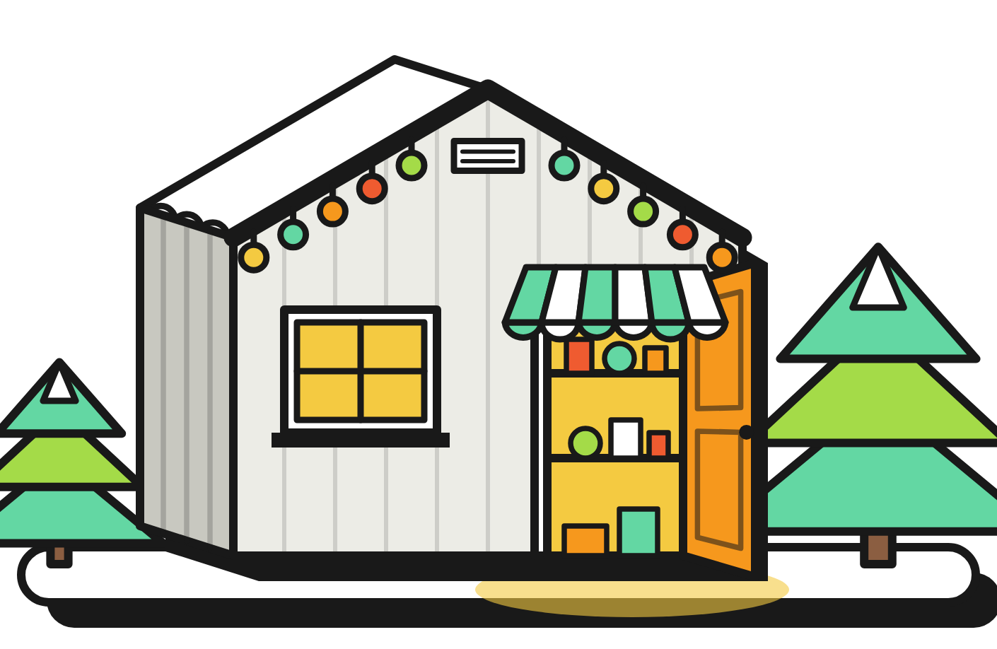 Illustration of a large village shop with a lit window, an open door and a striped awning over a display shelf
