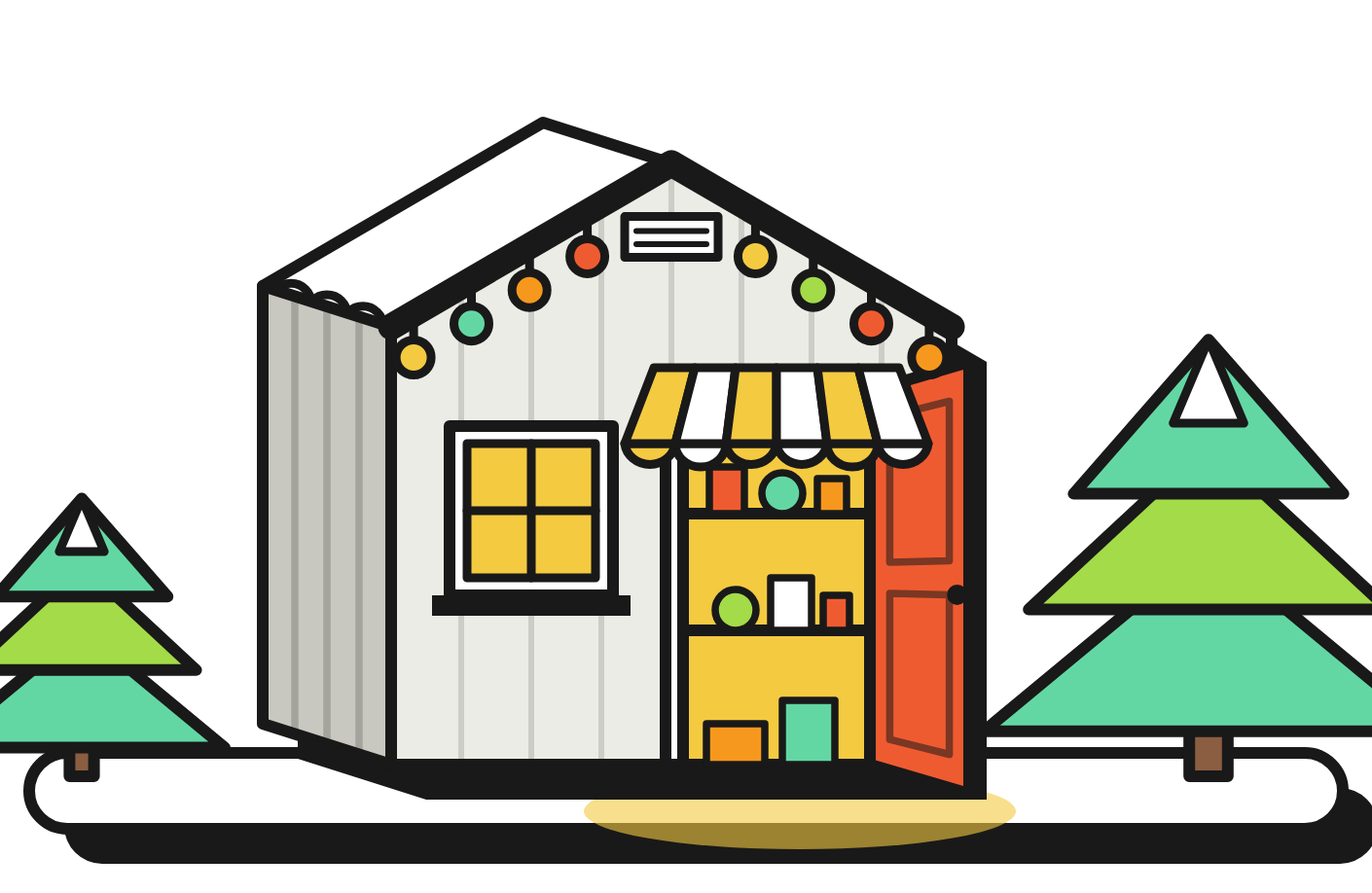 Illustration of a small village shop with a lit window, an open door and a striped awning over a display shelf