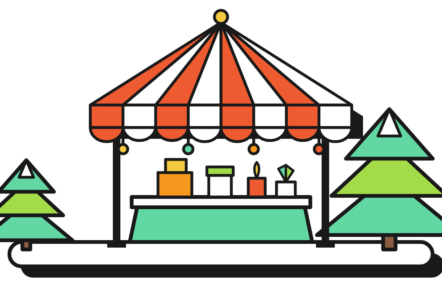 Illustration of a vendor tent with a striped canopy over a table of goods